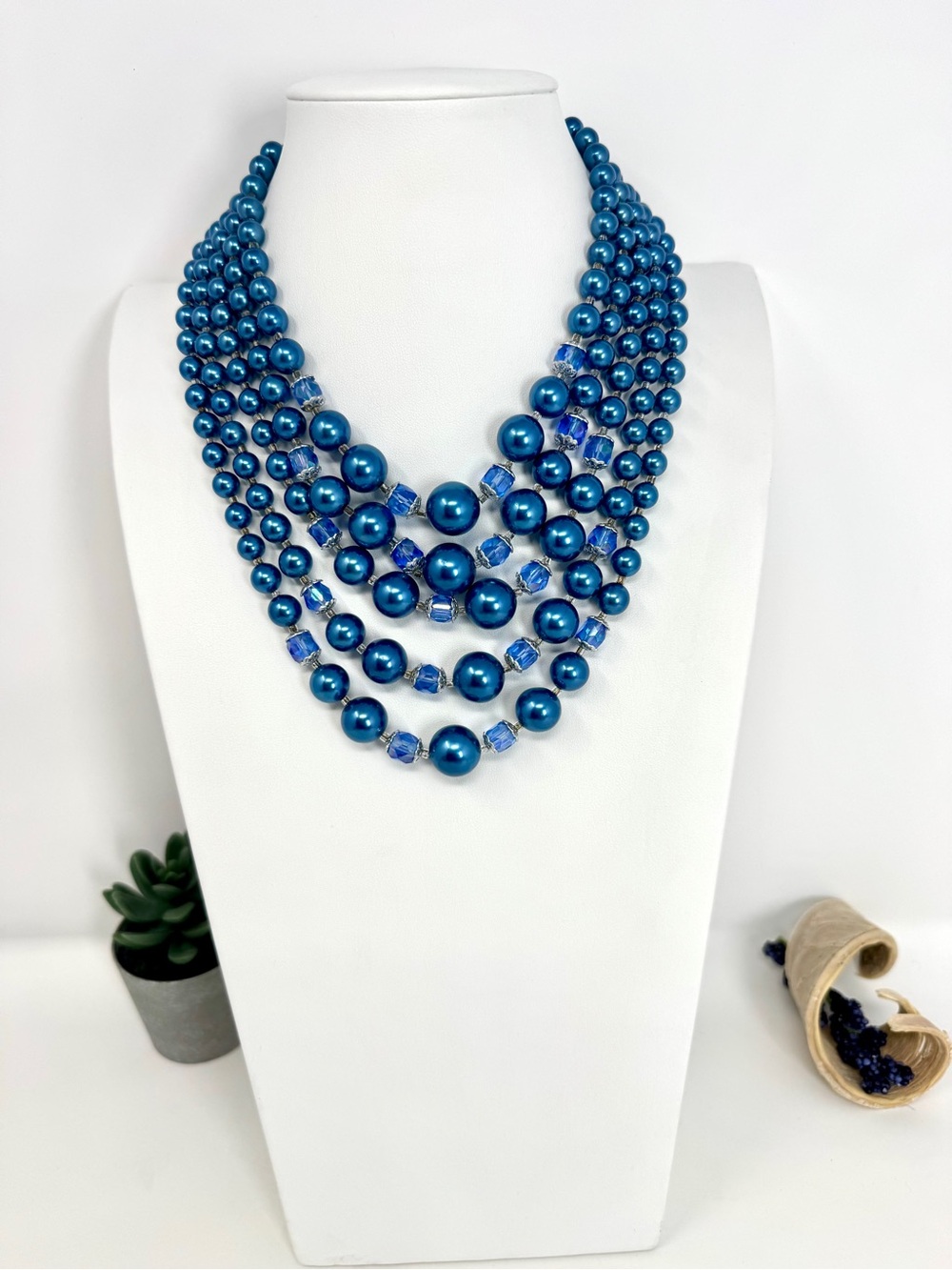 Vintage Royal Blue Multi-Layer Faux Pearl Bib with Iridescent Crystal Accents